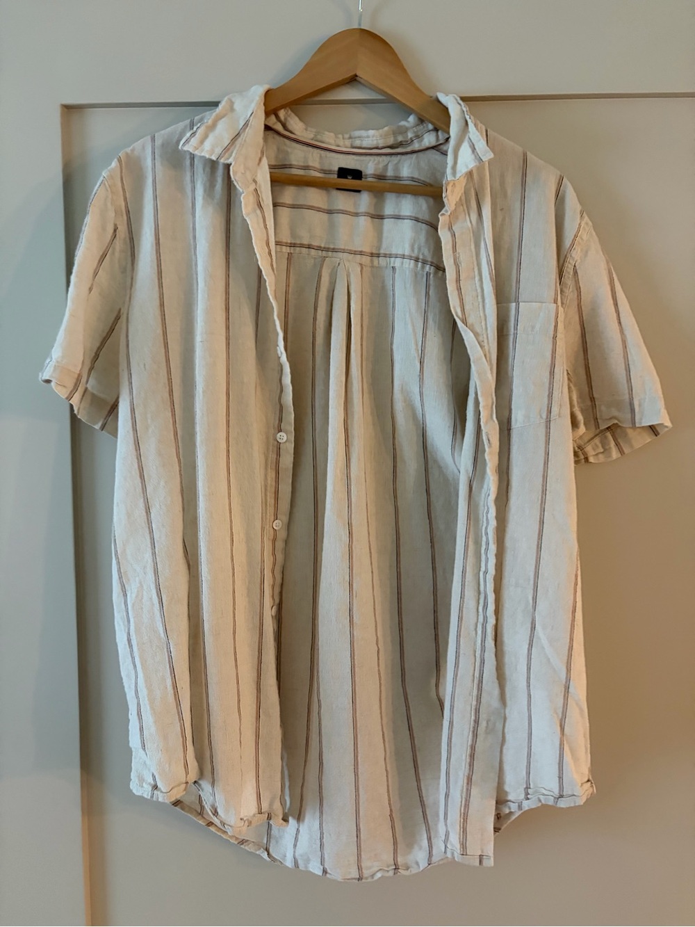 Casual Short-Sleeve Striped Linen Shirt - Cream with Thin Brown Stripes